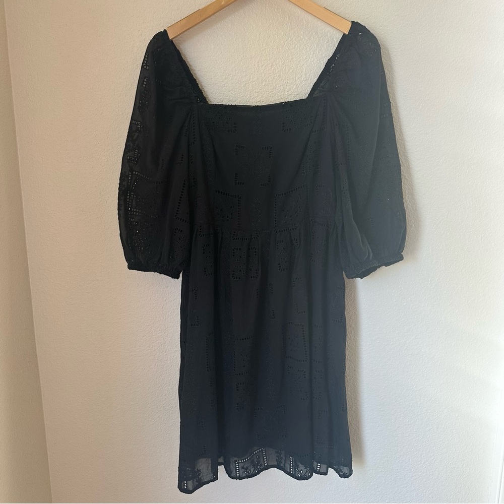 Johnny Was Eyelet Mini Dress Tonal Black Cotton Silk Embroidered Puff Sleeve M - Picture 3 of 11